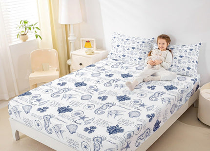 Coastal Fitted Sheet Twin Size,Seashell Conch Seahorse Starfish Coral Bedding Set 2Pcs,Ocean Beach Nautical Bed Sheet for Kids Teens Adult Room Decor,Navy White Deep Pocket Sheet,1 Pillowcase