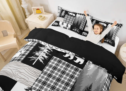 Woodland Bedding Set Hunting Bear Patchwork Buffalo Plaid Duvet Cover King Size,Rustic Cabin Barn Door Comforter Cover Boys Girls Camper Decor,Wildlife Paw Print Pine Trees Bed Sets Gray Black