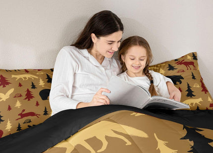 Feelyou Cabin Lodge Bedding Set Soft for Boys Girls, Bear Fox Moose Comforter Set Toddler Size Woodland Wild Animal Duvet Quilt Microfiber Farmhouse Bedroom Decor Brown 2 Pcs with 1 Pillow Cases