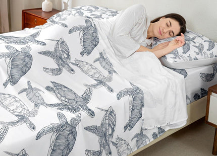 Erosebridal Tortoise Bed Sheets Twin, Sea Turtle Sheet Set 3 Pcs Boho Chic Reptile Flat/Top Sheets + Ocean Life Fitted Sheet Deep Pocket+ Coastal Nature Theme Decor 1 Pillow Sham, Gray White