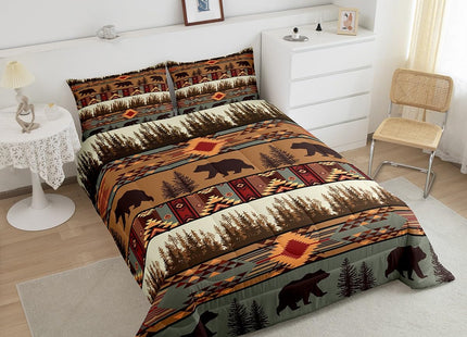 Feelyou Boho Comforter Set Toddler Size Bear Comforter for Boys Girls Teens Rustic Bedding Set Cabin Duvet Set Room Decor Olive Brown Quilt Set
