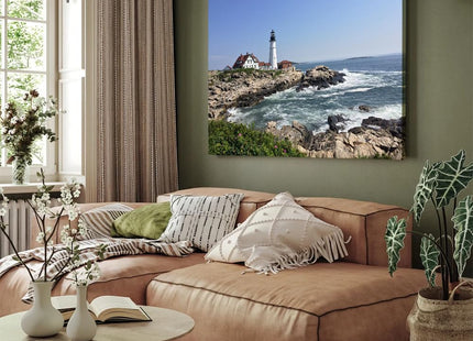 Canvas Wall Art Prints Lighthouse Head Light Portland Maine New England Rocky Shore Poster for Living Room Bedroom Home Office Kitchen Hallway Background Wall Decor Framed (Framed,12x18 inch)