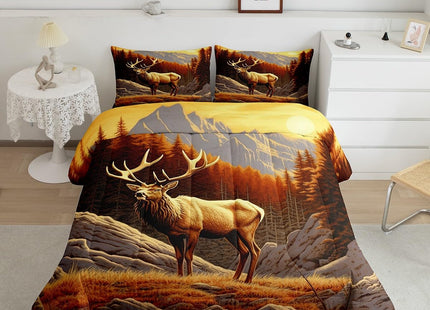 Deer Hunting Quilt Queen,Anlter Hunter Bedding Set for Adults Men Boys Home Room Decor,Western Mountian Woodland Tree Duvet Insert Retro Rustic Country Cabin Lodge Comforter Set with 2 Pillowcases