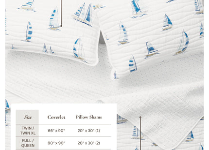 Great Bay Home Coastal Quilt Set - 3-Piece Full/Queen Size Nautical Bedding Set - Lightweight, All-Season, Reversible Bedspread (Blue Watercolor Sailboats).