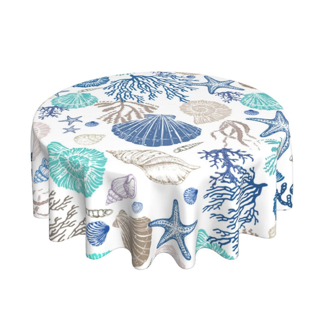 BYONEESS Summer Nautical Coastal Tablecloth Round 60 Inch Beach Starfish Seashell Print Polyester Table Cloth Sea Coral Circular Table Cover for Party Kitchen Dining Picnic Holiday Outdoor Decor