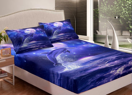 Ocean Dolphin Fitted Sheet Deep Pocket Twin Galaxy Coastal Bedding Set for Kids Teen Girls Boys Star and Moon Bed Sheets Sea Animal Starry Sky Fitted Bed Sheet Marine Bedroom Decor 1 Pillow Case