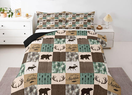 Rustic Patchwork Comforter Set,Bear Moose Bedding Set Queen For Kids Boys