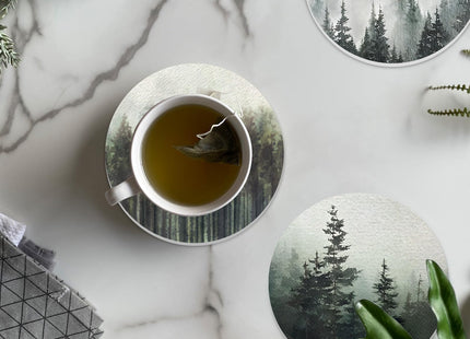 Whaline 6 Pcs Forest Coasters with Holder Misty Forest Ceramic Drink Coasters Absorbent Round Cup Mat Tabletop Protection for Home Kitchen Office Desk Coffee Table Decor
