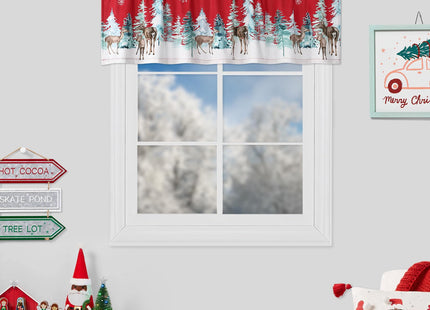 Christmas Valance Curtains for Kitchen Window, Winter Holiday Red Velvet Rod Pocket Curtain Valance, Xmas Tree Snowflake Deer Kitchen Cafe Window Treatment 52x15 Inch