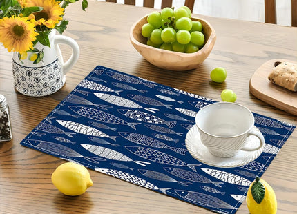 Japanese Fish Placemats Set of 4, Blue Fishing Country Double-Sided Table Mats for Kitchen Dining Room Home Party Indoor Decor 4 PCS 12x18 Inch