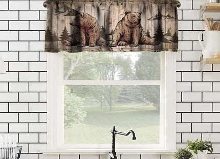 SHElifestyle Brown Bear Window Valance Curtain, Rustic Wooden Board Forest Wild Animal Retro Country Famhouse Lodge Window Treatment Valances for Kitchen Living Room Café Décor 54'x18', 1 Panel