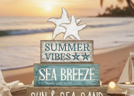 Yuntau 4 Pcs Summer Beach Decorations for Home Beach Tiered Tray Decor Starfish Coastal Rustic Starfish Wooden Block Table Sign Stacked Book Nautical Table Centerpiece for Farmhouse Office Desk Shelf