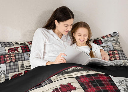 Rustic Cabin Comforter Set Queen Woodland Wolf Deer Bear Comforter For Kids Adults,Red Black Buffalo Plaid Bedding Set Wildlife Camping Lodge Mountain Quilt Bedding Southwestern Farmhouse Decor