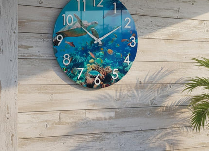 Crosstime 14 Inch Outdoor Clock – Waterproof Tempered Glass with Sea Turtle & Marine Life Theme, UV Resistant, Silent Nautical Coastal Decor Wall Clock for Patio, Pool, Garden, Backyard, Bathroom