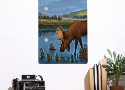 Lantern Press Maine, Lithograph, Reflection Pond and Bull Moose, 12x18 Inch Aluminum Sign, Indoor or Outdoor Use
