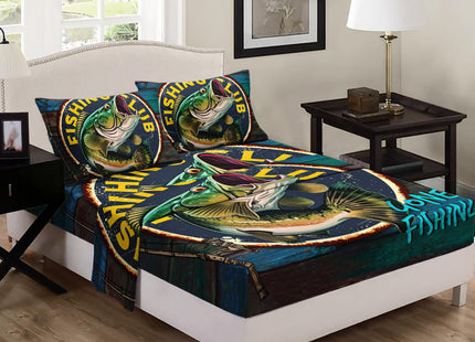 Nttopship Big Pike Fish 4 Pieces Bed Sheet Sets Queen Size Hunting and Fishing Bedding Sets with 16" Deep Pockets Fishing Bedroom Decor,Bedding Set 4 PCS(1 Fitted+1 Flat+2 Pillowcases)