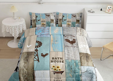 Rustic Farmhouse Bedding Set Cabin Decor, Retro Windmill Decor Comforter Set Western Wooden Barn Door Quilt Sunflower Rooster Farm Animal Bedding Comforter Sets Farmhouse Gifts For Women, Full
