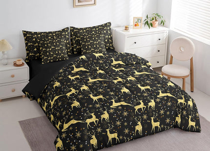 Erosebridal Elk Deer Bed in a Bag 7 Pcs Queen,Golden Deers Comforter Set for Kids Teens,Merry Christmas Fitted Sheet,Xmas Winter Snowflake Sheet Set,Moose Wild Animals Wildlife Bedding Set Room Decor