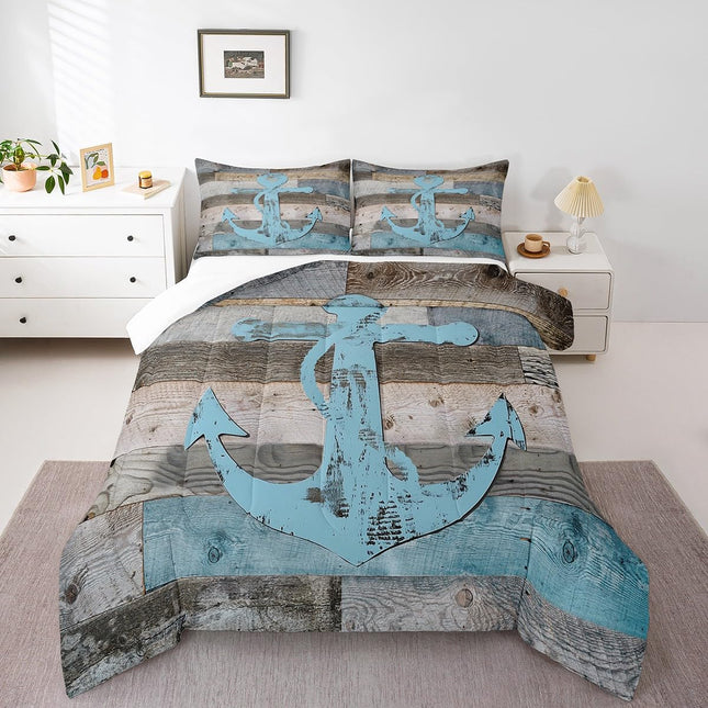 Anchor Nautical Comforter Set Twin,Vintage Plank Blue Brown Bedding Set 2pcs for Kids Teens Adults Room Decor,Camping Adventure Quilt Set,Rustic Farmhouse Duvet Insert with 1 Pillowcase