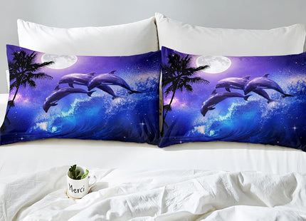 Dolphin Fitted Sheet,Cute Dolphins Jumping in The Moonlight Ocean Waves Beach Theme Sheet Set,Soft Decorative Fabric Bedding All-Round Elastic Pocket,Twin Size,Blue Purple