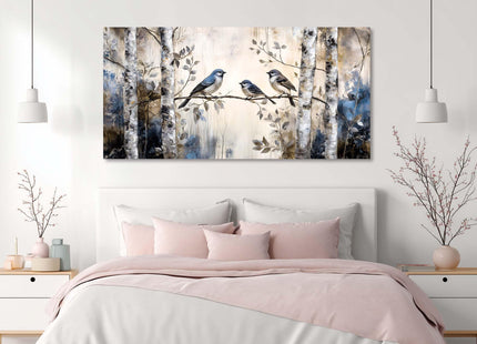 Ggaafet Beige Sparrow Bird Wall Art Decor for Bedroom Cute Chickadee Birds Canvas Pictures Birch Tree Woods Painting Prints Deco Wildlife Artwork Large
