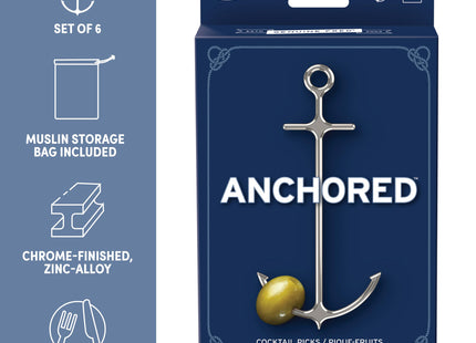 Genuine Fred ANCHORED Cocktail Picks Set of 6 Reusable steel picks for garnishes Muslin bag for easy storage Nautical design