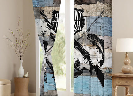 Castle Fairy Hunt Fish Window Curtains,Deer Bird Fish Animal Hunting Kitchen Window Treatments,Rustic Retro Wooden Board Decor Blackout Window Drapes for Bedroom Living Room, 2 Panels, 52Wx84L inch