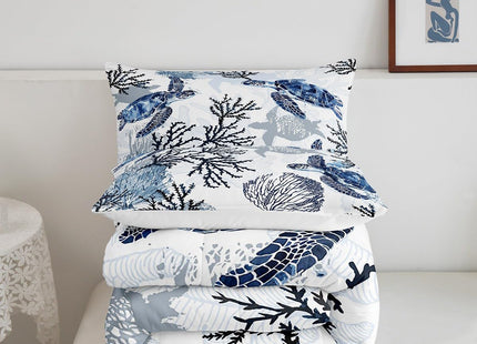 Homewish Sea Turtle Comforter Set Full Size,Coral Bedding Set 3pcs for Kids Boys Girls Adults Room Decor,Ocean Creature Quilt Set White Navy Blue Microfiber Duvet Insert with 2 Pillowcases