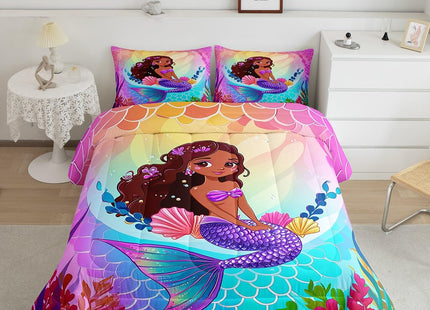 Erosebridal Black Girl Bedding Sets Twin Cute Mermaid Comforter Set, Pretty Princess Bedding Comforter Sets Purple Seashell Duvet Insert, Blue Ombre Fish Scales Quilted Duvet Coastal Beach Decor