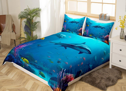 Kids Shark Bedding Sets King Blue Hawaiian Duvet Cover Set,Fish Bedspreads Beach Theme Quilt Cover Underwater Children Comforter Cover Ultra-Soft Brushed Microfiber Turtle Decor Bed Cover with Ties