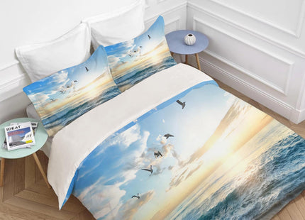 jamie world Beach Ocean Bedding Set Twin Full Queen King Size Coastal Bird Duvet Comforter Cover Sunrise Flower Cozy Quilt Cover Decorative Soft Bed Sets with 2 Pillowcases for Kids Adults