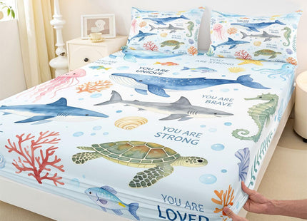 Erosebridal Ocean Animal Theme Queen Fitted Sheet, Whale Shark Sea Turtle Jellyfish Bedding Set for Kids Girls Boys, Cute Sea Animals Bed Sheets(No Flat Sheet), Coastal Beach Room Decor