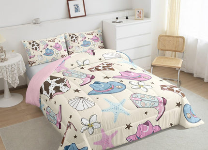 Erosebridal Cute Coastal Cowgirl Full Comforter Set,Pink Cowgirl Boots Hats Bedding Sets for Girls Kids,Blue Seashell Starfish Quilt Bed Set,Ocean Beach Room Decor with 2 Pillowcases
