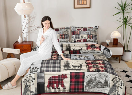 Rustic Cabin Comforter Set Queen Woodland Wolf Deer Bear Comforter For Kids Adults,Red Black Buffalo Plaid Bedding Set Wildlife Camping Lodge Mountain Quilt Bedding Southwestern Farmhouse Decor