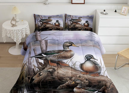 Feelyou Duck Hunting Comforter Set for Girls Boys Children Mallard Ducks Comforter Hunting and Fishing Bedding Set Lodge Cabin Farmhouse Duvet Set Queen Size Durable Quilt Set 3Pcs