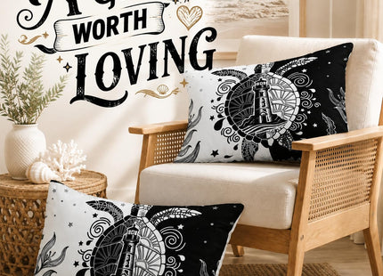 AILONEN Sea Turtle Comforter Set Twin Size,White and Black Ocean Themed Bedding Set,Coast Lighthouse Turtle Soft Comforter with 2 Pillowcases,3-Piece for Boys Girls Adults