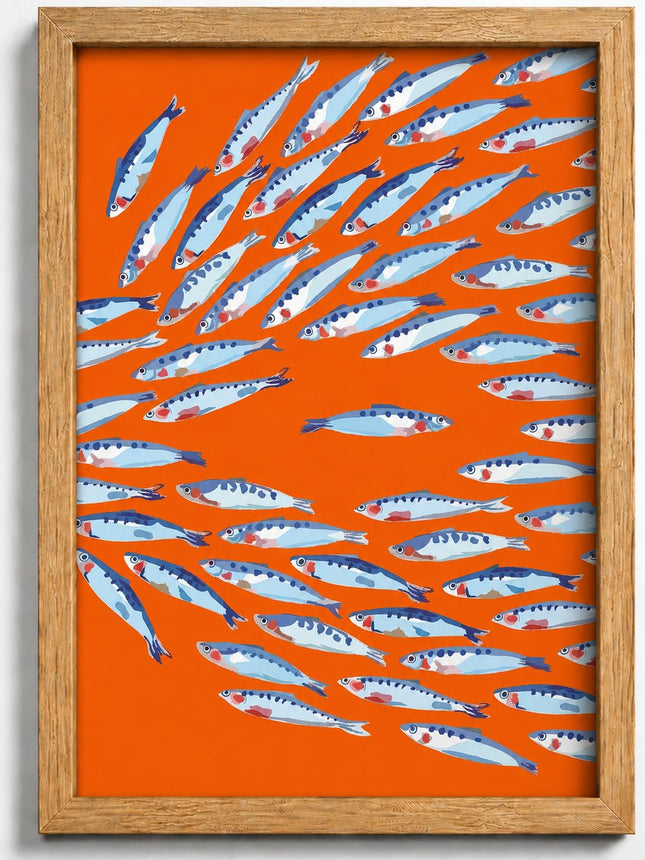 Framed Sardine Canvas Wall Art,Orange Coastal Fish Picture Wall Decor
