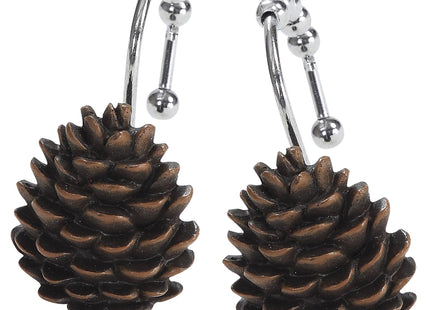 Brown Pinecone Shower Curtain Hooks, Rustproof Rustic Cabin Shower Hooks for Shower Curtain, 5 Roller Ring Balls Lodge Christmas Decorative Bathroom Curtain Hooks, Set of 12