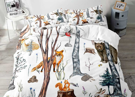 LUVIVIHOME 2PCS Bear Deer Rabbit Squirrel Fox Duvet Cover, Twin Bedding Sets, White Duvet Cover, Toddler Baby Boys Girls Kids Bedding, Woodland Animals Cabin Lodge Quilt Comforter Cover, 1 Pillow Sham