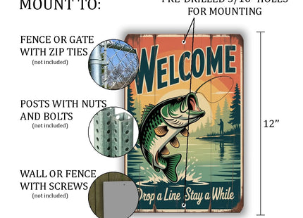 Welcome Fishing Sign – Largemouth Bass Lake Cabin Metal Wall Art