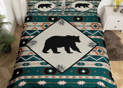 Wild Bear Bedding Set King Size for Bedroom Decorative,Geometric Flower Stripes Leaves Plant Boho Style Duvet Cover,Wildlife Animal Silhouette Bedding Quilt Cover with 2 Pillow Cases(Not Comforter)