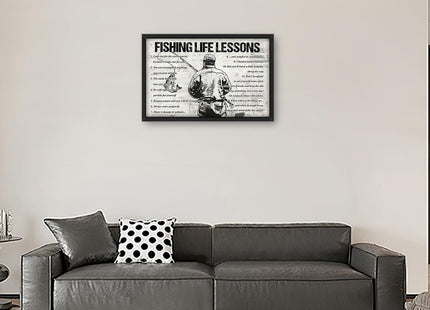 Fishing Wall Art Fishing Life Lessons Framed Wall Decor Motivational Quotes Canvas Pictures Sign Poster Decorations Print Painting Artwork for Man Boy Room Living Room Bedroom 24x16inch