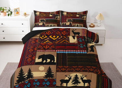 Deer Moose Bear Comforter Set Twin,Boho Aztec Comforter Western Rustic Farmhouse Woodland Bedding Sets,Pine Tree Country Lodge Cabin Quilt Set for Boys Teens Men,Teal Red Brown Stripes Decor 2 Pcs