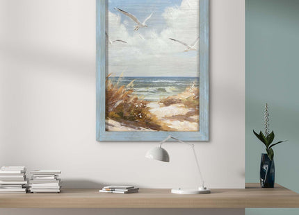 Framed Coastal Sea Bird Painting: Blue Wooden Ocean Scene Artwork Seagull Beach Picture Print Modern Bedroom Bathroom Living Room Wall Decoration Home Office Decor 36 x 24 Inch