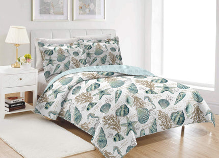 3 Pieces Beach Shell Bedspread Queen Size Ocean Theme Seashell Conch Summer Quilt Lightweight Thin Reversible Conch Shell Hippocampus Starfish Coral Printed Coverlet Set Coastal Bedding-Blue White