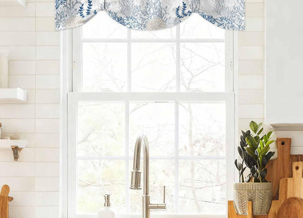 Blue Sea Turtle Tie Up Valance Curtain for Kitchen Living Room Bedroom Bathroom Cafe, Rod Pocket Small Short Window Drape Panel Adjustable Drapary Print, Coastal Ocean Coral Seaweed Jellyfish 54"x18"