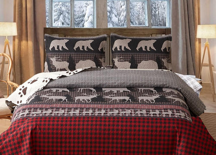 Lodge Quilt Set Queen Size Plaid Patchwork Rustic Cabin Bedding Moose Elk Quilt Blue Green Gingham Grid Bedspread Coverlet Soft Lightweight Reversible Quilts Winter Bed Cover Set with 2 Pillow Shams