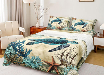 Erosebridal Ocean Beach Sea Turtle Sheet Set,Children Teens Retro Tortoise Bed Sheet Hawaiian Reptile Turtle Printed Bed Set with Fitted Flat Sheet,2 Pillowcases,Queen