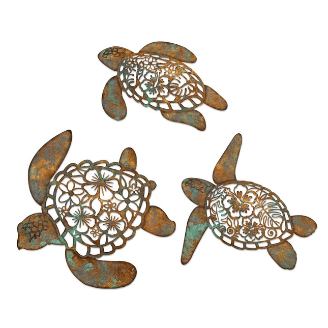 Pigort Metal Turtle Wall Decor - Beach Bathroom Decor -Vintage Coastal Ornaments for Pool, Home, Lake House, Bathroom, Garden – Beach Theme Art Decorations in 3 Sizes (12", 10.2", 9.4")