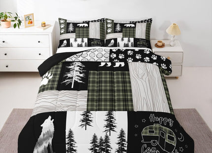 Woodland Bedding Set Hunting Bear Wolf Green Buffalo Plaid Patchwork Comforter Set King Rustic Cabin Decor,Girls Boys Wildlife Animals Down Comforter for RV Camper,Footprint Pine Tree Duvet Insert